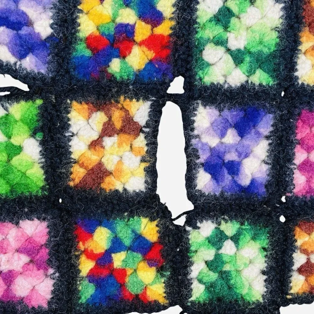 Vintage Handmade Crochet Colorful Granny Square Afghan Throw 35 x 34 Couch Sofa